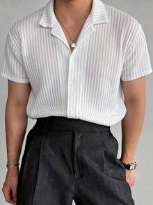 WAIT HIM Camisa de manga corta de uso diario versátil y casual de un solo abotonadura de unicolor para hombres - Blanco - Ver 7