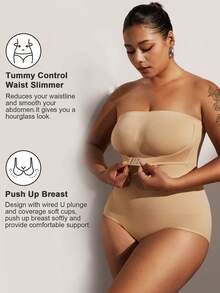1pc Women Plus Size Seamless Strapless Jumpsuit, Removable Strap, Slimming, Shaping, Black, Summer - Apricot - View 7