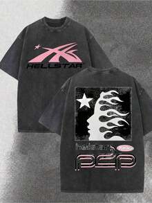 Streetwear Men, Worn-Out Washed Pink Meteor Flame Human Face Silhouette Double-Sided Print, 230g Cotton Crew Neck Short Sleeve T-Shirt, Retro Casual Loose, Big And Tall, Free Shipping - 黑色 - 查看 8