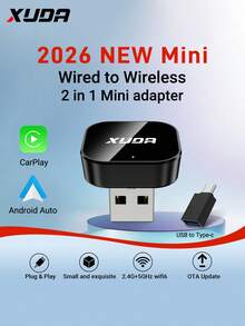 Bộ chuyển đổi CarPlay/Android Auto không dây 2 trong 1 XUDA mới 2026, bộ chuyển đổi Carplay WiFi6 2.4-5.0 GHz, có dây sang không dây, hộp thông minh kết nối nhanh, không độ trễ, thiết kế nhỏ gọn, thời trang, di động, nhỏ gọn và thanh lịch, tương thích với iPhone và Android, có cổng USB/USB-C, không kèm pin. - A - Xem 12