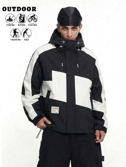 Men's Casual Fashionable Striped Patchwork Loose Fit Jacket With Side Pockets, Adjustable Cuffs And Hood, Comfortable And Soft, Suitable For Spring And Autumn