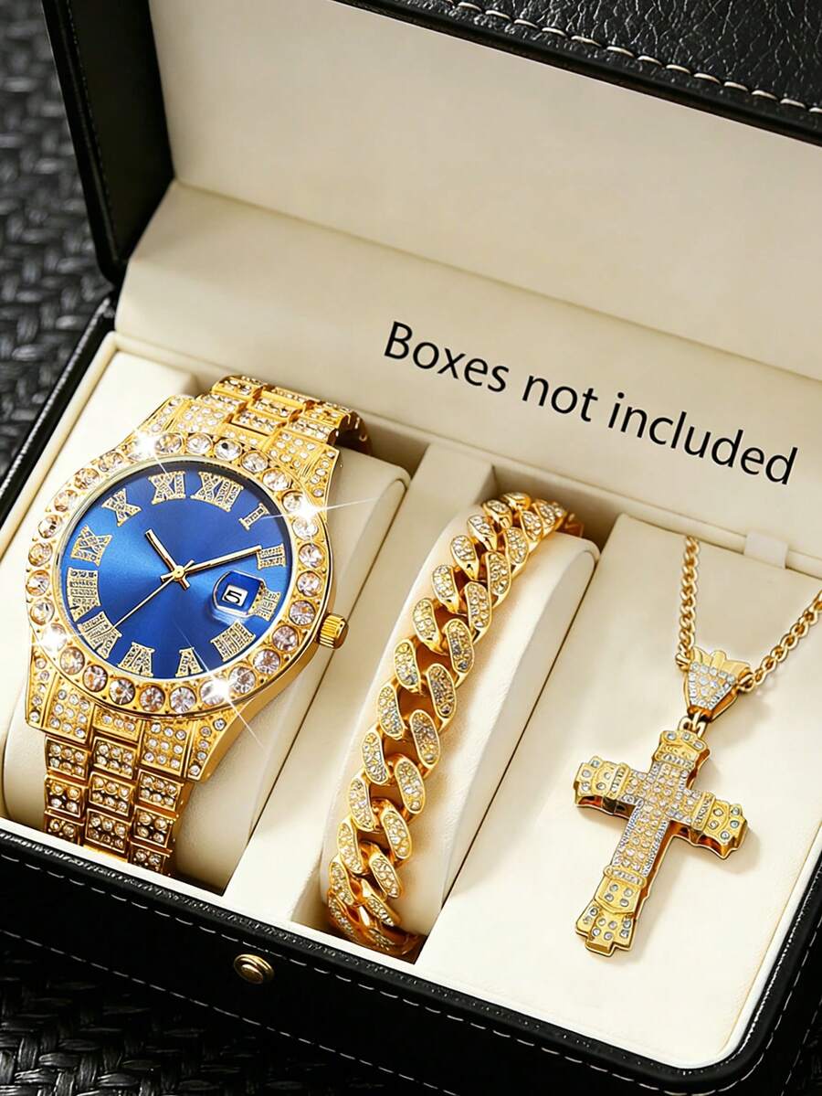 Bộ 3 món: Đồng hồ thạch anh cao cấp dành cho nam, vòng tay mắt xích kiểu , dây chuyền hình thánh giá, phong cách thời trang đường phố, thích hợp làm quà tặng ngày lễ hoặc sinh nhật. - Vàng - Xem 1