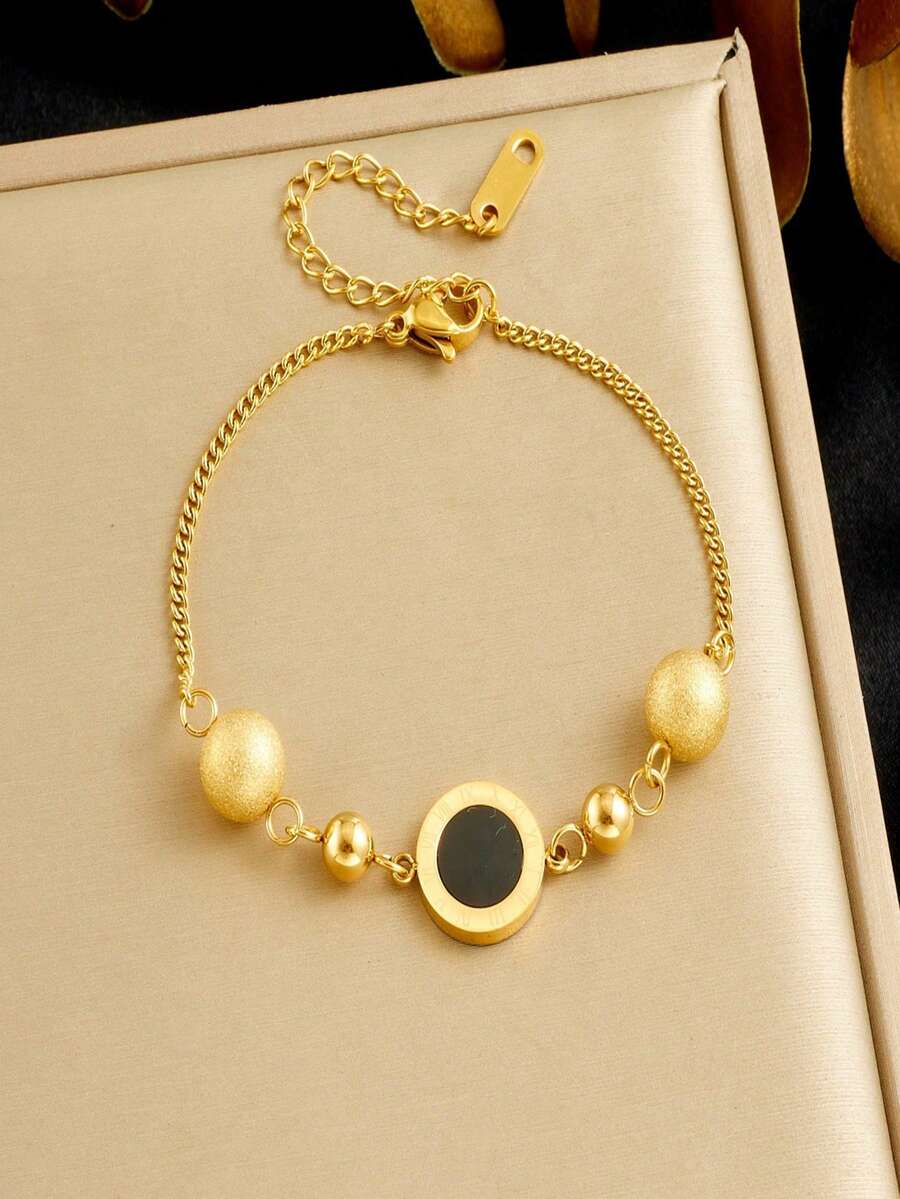 1 chiếc vòng tay thời trang tối giản kiểu dáng cổ điển bằng thép không gỉ, mặt số La Mã hình tròn, đính bi, dành cho nữ. - Vàng - Xem 1