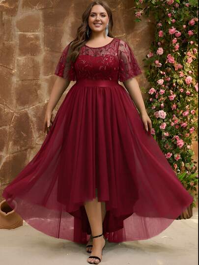 女士大码优雅拼接复古浪漫成熟优雅网纱刺绣不对称/不规则拉链高低摆伴娘礼服派对礼服婚礼宾客新娘母亲舞会返校礼服，正式晚宴婚礼宾客鸡尾酒会舞会毕业派对春夏秋冬