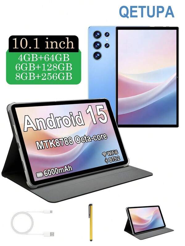 Qetupa Tablet PC Android de 10.1 pulgadas, con funda protectora y lápiz stylus, 4GB/6GB/8GB RAM + 64GB/128GB/256GB ROM (ampliable a 1TB), procesador MTK8788 Octa-Core de 2.0GHz, pantalla táctil IPS HD de 1280x800, cámara frontal de 5MP y cámara trasera de 8MP, batería de 6000mAh, WiFi 6, Bluetooth 5.2, GPS, carga tipo C, sin ranura para tarjeta SIM - ultra delgada y portátil, adecuada para negocios, estudio, oficina móvil y entretenimiento, adecuada para niños o adultos, regalo perfecto para Navidad, San Valentín, cumpleaños y otras festividades