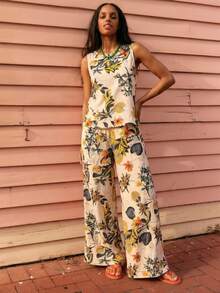 热带花卉印花无袖上衣和阔腿裤两件套 - 波西米亚风夏季度假装 - 杏色 - 查看 3