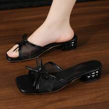 黑色蝴蝶结网眼绑带凉鞋，优雅高跟拖鞋，夏季新品 - 黑色 - 查看 2