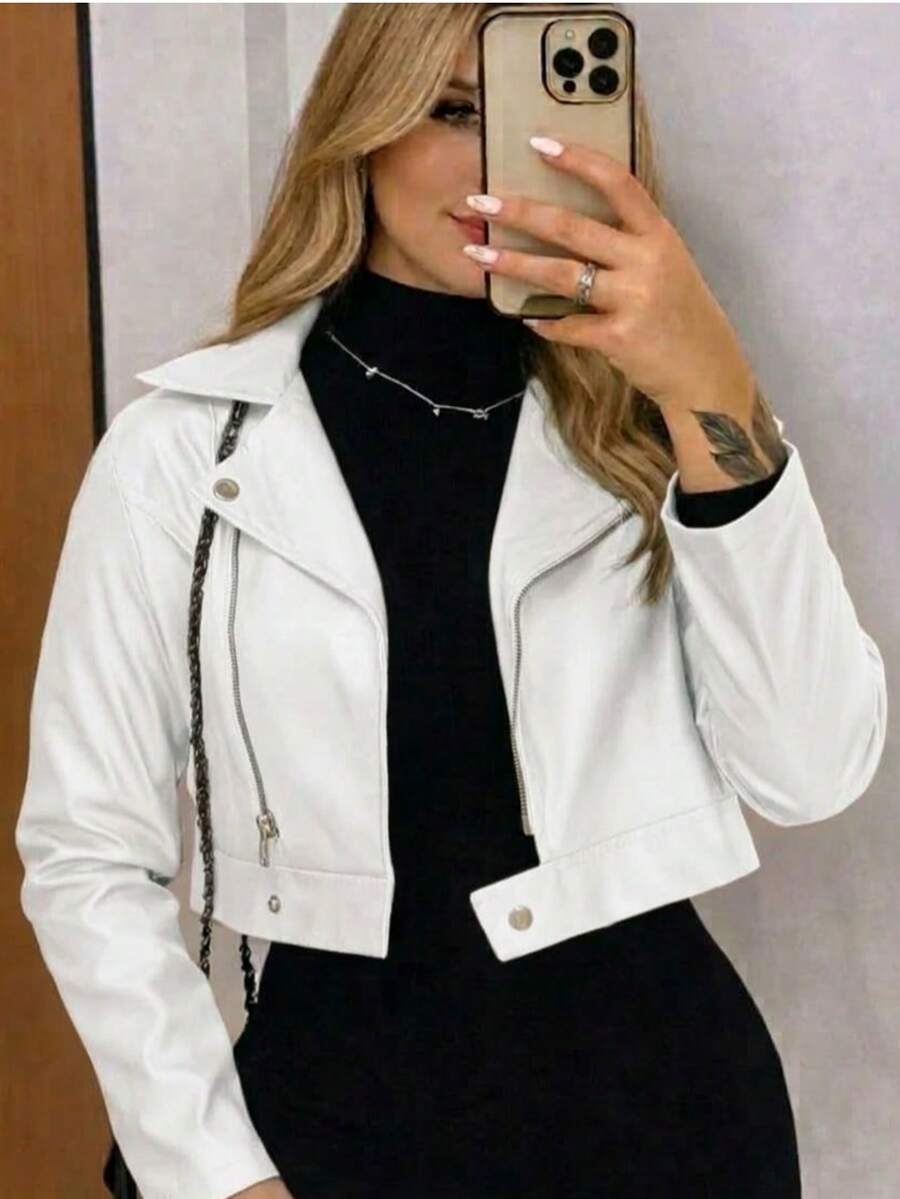 Women's Faux Leather Motorcycle Jacket With Zipper And Buttons – Modern And Elegant, São João 2026 Fashion - trắng - Xem 1