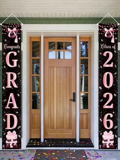 2pcs - Congratulations 2026 Graduate Porch Banner, Pink 2pcs - Graduation Door Sign, 2D Flat Banner, Large Door Banner, 2026 Graduation Party Decor, Suitable For Door, Party Decor, Door Hanging, Indoor/Outdoor Party Holiday Decor, Holiday Gift, Welcome Party Supplies
