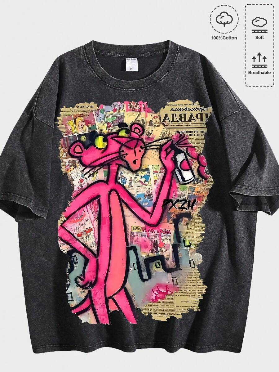 Pi Nk Pa Nt Her Retro Comic Collage Print Graphic Tees Men, Street Graffiti Vibe Graphic Tees, Skin-Friendly Pure Cotton Mens Clothes, Breathable Loose Silhouette Casual Versatile T-Shirt - 黑色 - 查看 1