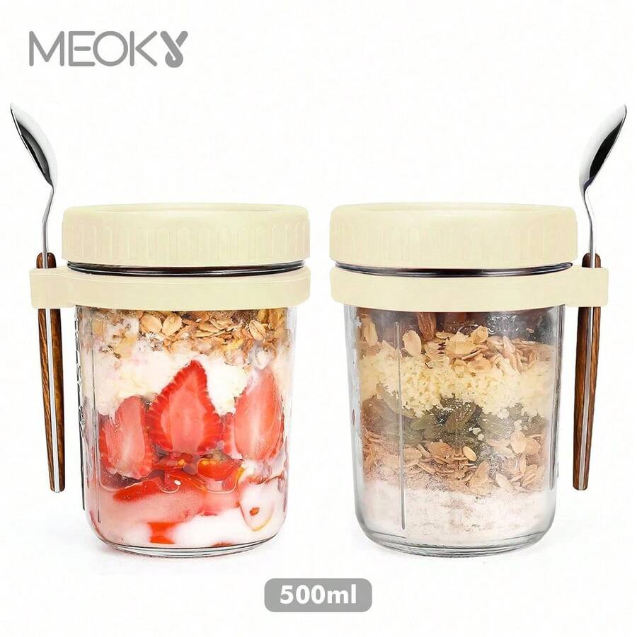 16oz/500ml [1/2 Pack] Overnight Oats Mason Jar With Spoon Lid, Sealed Oatmeal Container With Measurement Markings, Portable Cereal Canister