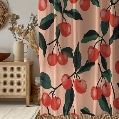 1 pieza Cortina de ducha con estampado de cerezas, cortina de decoración del hogar de alta calidad, versátil y moderna para el baño, cortina de ducha para todo el año con 12 ganchos