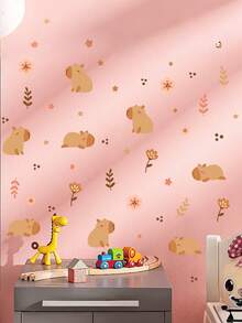 1pc Capybara Animal Wall Sticker, Cartoon Capybara & Flower Wall Decal For Kids Bedroom, Nursery Room Background Wall Decoration, Suitable For Living Room, Bedroom, Cabinet - Multicolor - View 4