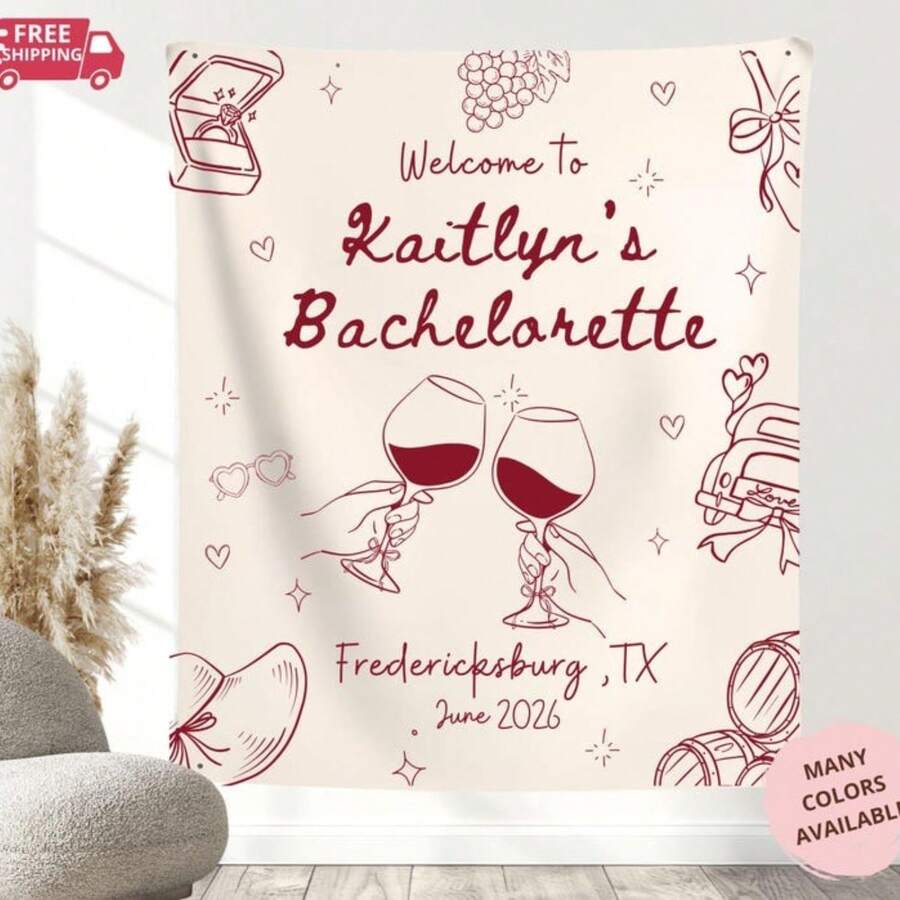 1PC Custom Wine Themed Bachelorette Party Bride Photo Backdrop Tapestry, Bride Background Photo, Vino Before Vows Bachelorette Welcome Sign, 5 Sizes Available - trắng - Xem 1