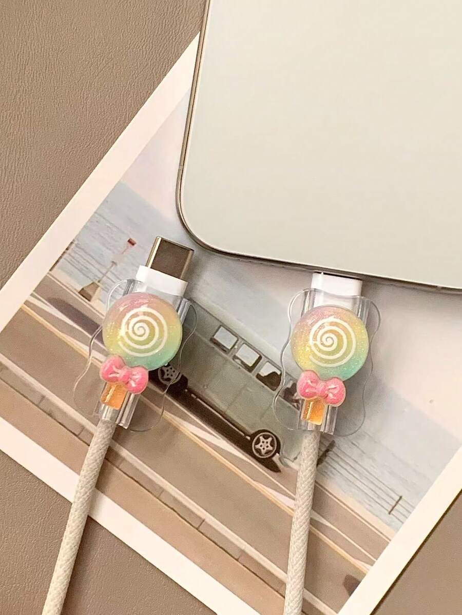2个透明棒棒糖造型USB数据线保护套，20W通用Type-C安卓充电线礼品 - 彩色 - 查看 1