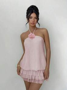 Women's Yellow Low Waist Super Short Sexy 3D Floral Camisole Backless Ruffle Hem Mini Dress, Elegant, Fashionable, Suitable For Daily Commute, Party, Carnival, Valentine's Day, New Year, Beach Vacation Summer - 淺粉色 - 查看 8