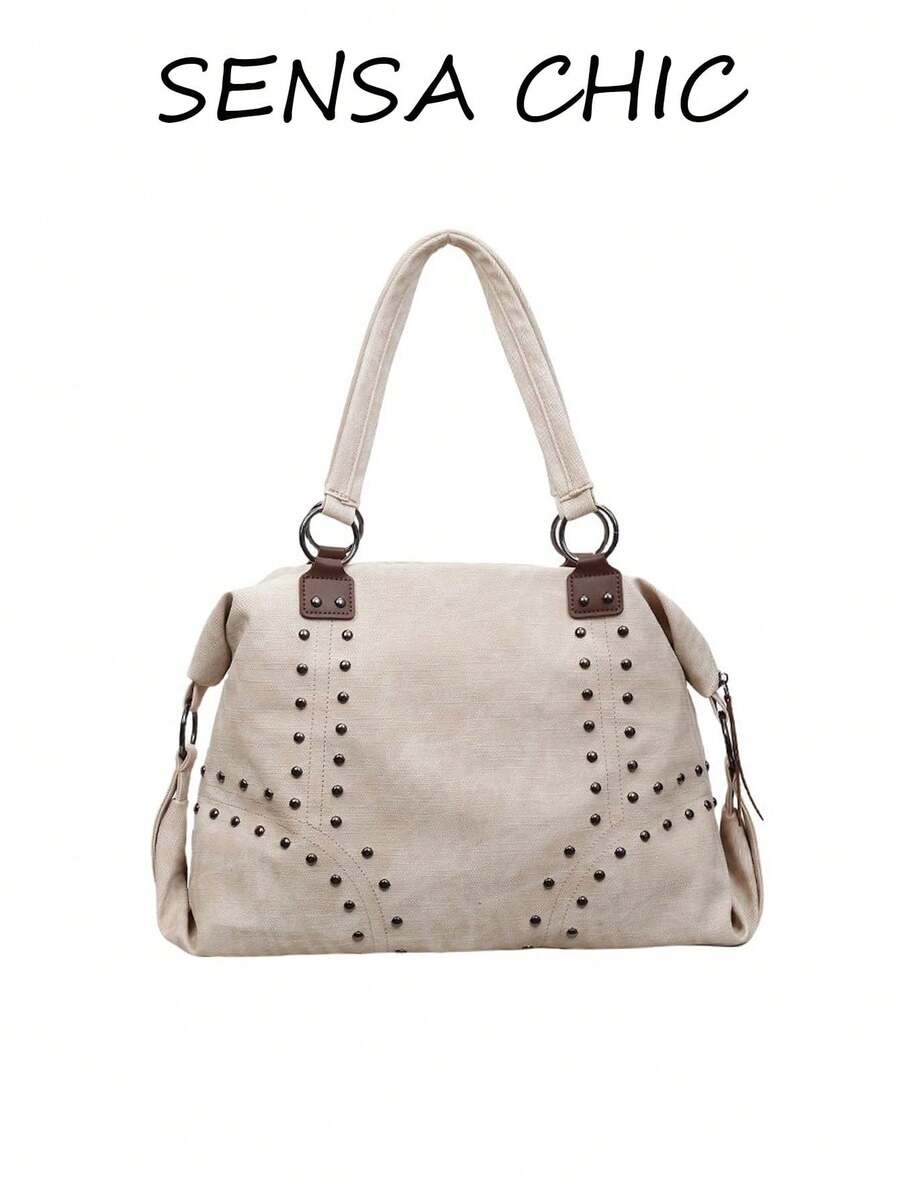 这款时尚新款女士单肩包采用PU材质，内部空间宽敞，米白色内衬，配有双提手和铆钉装饰，时尚优雅。包身还饰有红色心形吊坠，非常适合购物、外出、旅行等各种场合。 - 米色 - 查看 1