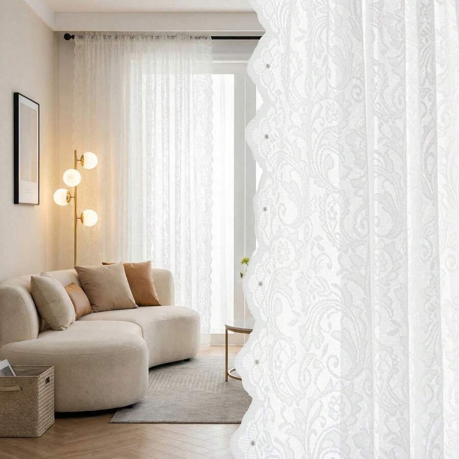 1件佩斯利花纹白色珠饰薄纱窗帘，浪漫婚礼装饰，蕾丝设计，杆袋式顶部，轻盈柔软，过滤光线，可水洗，优雅浪漫的家居窗帘装饰，适用于卧室、客厅、餐厅、婚礼、情人节、女孩房 - 白色 - 查看 1