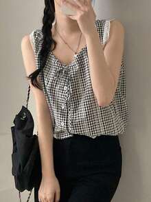Sleeveless Lace Trim Camisole Top For Women Casual Summer - Black and White - View 9