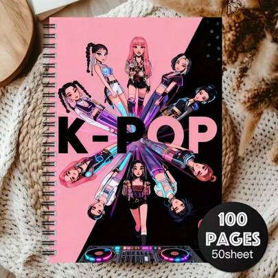 Cahier spirale K-Pop avec icônes de groupes féminins K-Pop - Couverture rose et noire, texte coréen et titre en anglais, journal compact K-Drama, cadeau pour fans de K-Pop, agenda de voyage