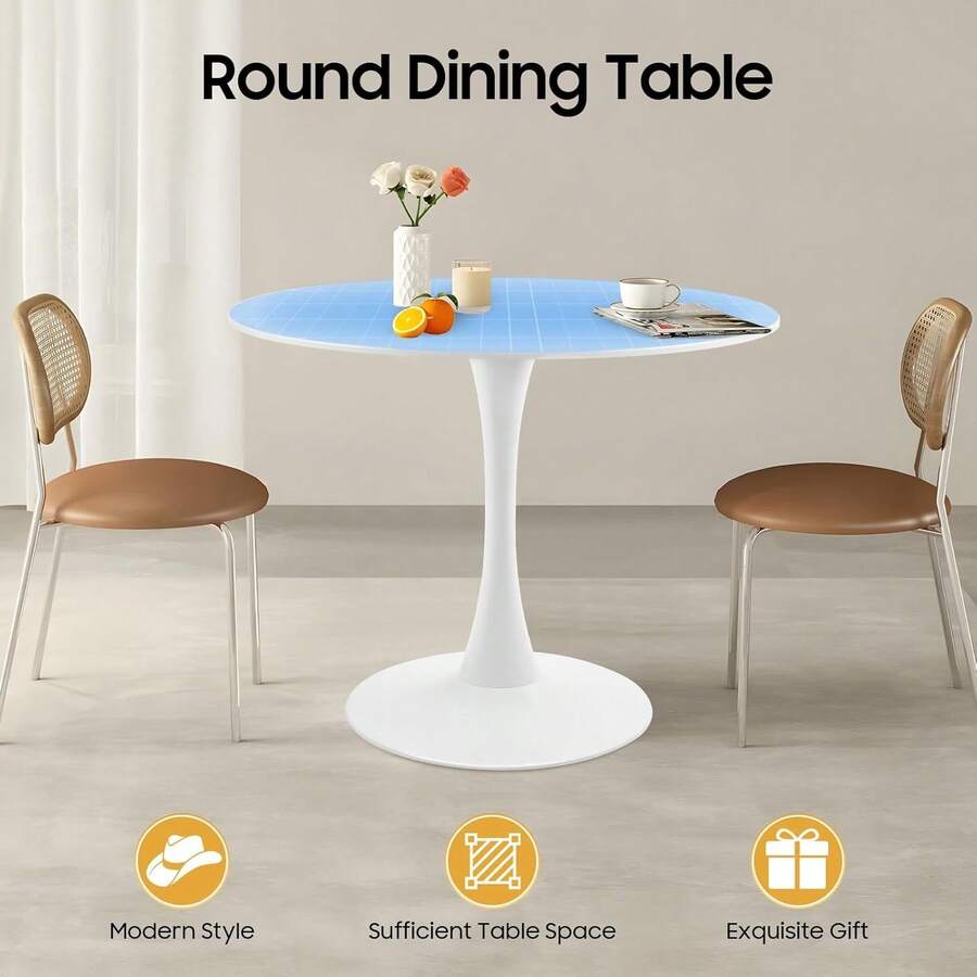 RainWeel Modern Round Dining Table, 80 * 73cm Kitchen Dining Table, Tulip Dining Room Table For 1-4 People, Mid-Century Leisure Table For Living Room Kitchen & Dining Room, White