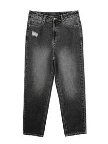 Men's Medium Grey Washed Indigo Retro Vintage Loose Straight Leg Jeans, Relaxed Fit, Comfortable, Flattering Leg, Grey Washed Denim, Suitable For Spring, Summer, Autumn And Winter, Distressed, Loose, Straight Leg, Ankle Length, Slightly Short Pants, Oversized Fit, Recommend Ordering One Size Down - Grey - View 4