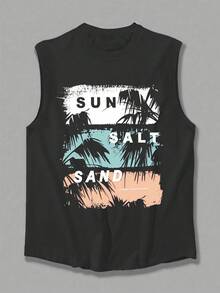 1 chiếc áo tank top nam mùa hè kiểu dáng thường ngày, in họa tiết cây dừa, cổ tròn. - Màu xám đen - Xem 3