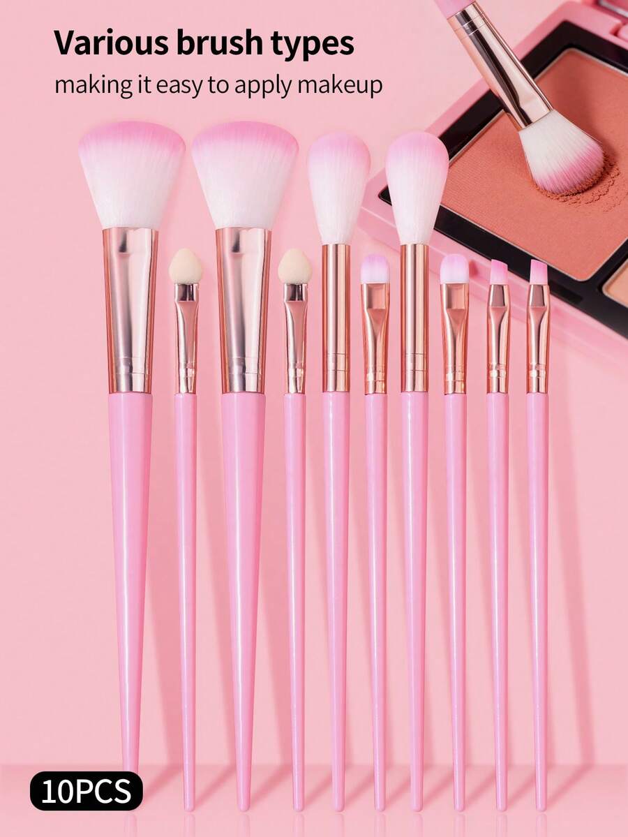10支装化妆刷套装，长细塑料手柄，海绵头化妆刷，腮红刷，高光刷，火焰刷，眼影刷，眉刷，面部化妆刷，化妆工具，家用户外男女通用