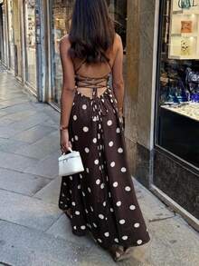 Polka Dot Elegant Casual Party Hollow Out Twist Beach Vacation Dress Summer - Coffee - View 4