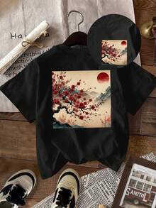 Camiseta de algodón de 180g para mujer, con estampado vintage de flores de cerezo estilo Ukiyo-e, cuello redondo, mangas cortas, estampado de arte japonés, top casual para primavera/verano. Lavable aáquina, adecuada para el uso diario, salidas informales, versátil para uso en casa y para paseos al aire libre. Sencilla y versátil, un estilo de nicho a, la primera opción para parejas. - Blanco - Ver 6