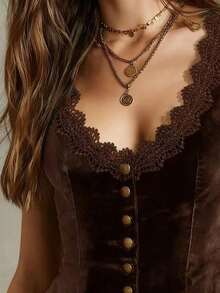 Women's Velvet Top, Lace Trim And Button Design Velvet Top Casual Vacation Summer - 藏蓝色 - 查看 10