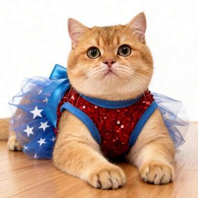 LUCKIE LABO 1件星形网纱蝴蝶结亮片宠物礼服，精美狗狗婚礼礼服，适合吉娃娃等小型犬，室内/室外生日派对宠物服装