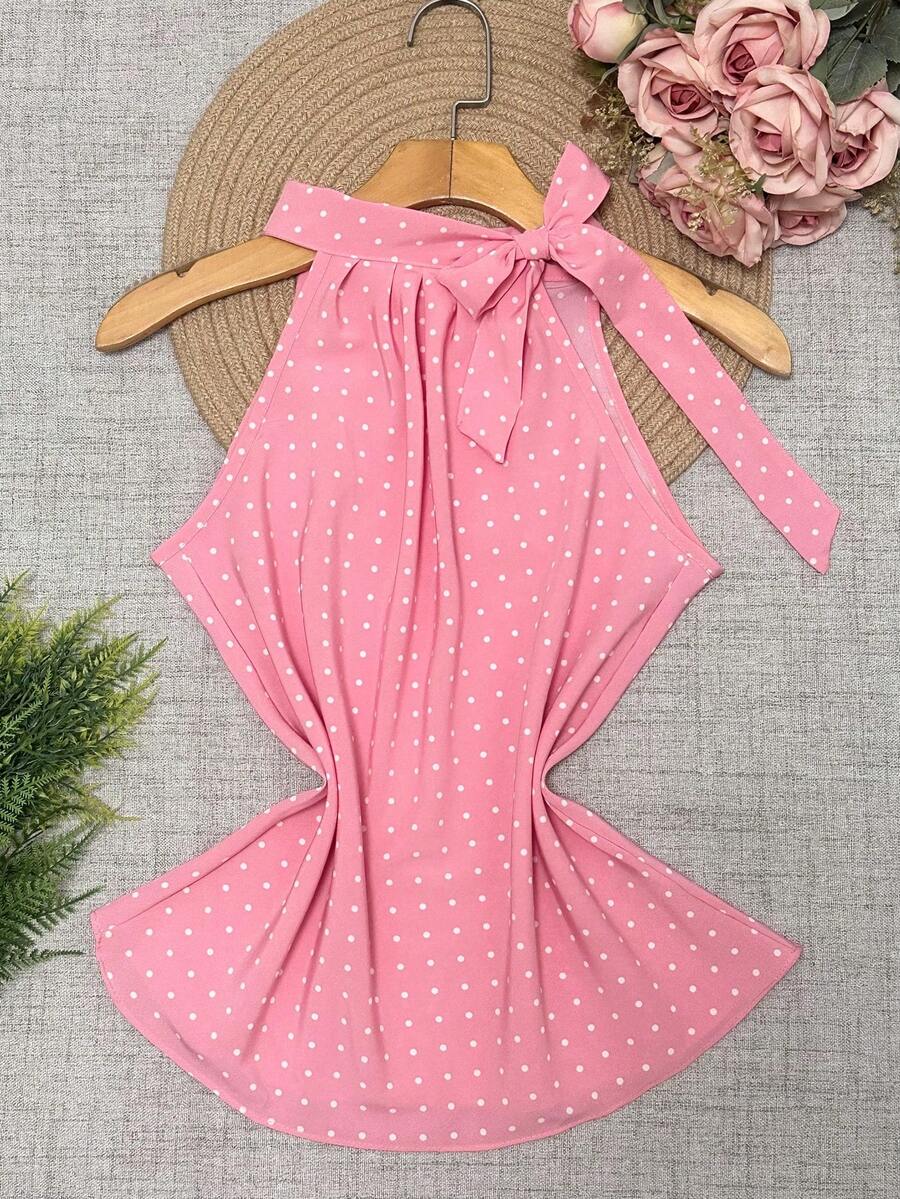 Polka Dot Tank Top With Tie Closure - 泡泡糖粉紅色 - 查看 1