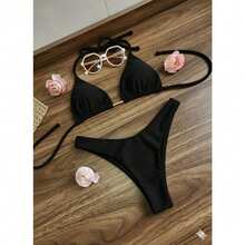 Women's High-Cut Bikini With Double String Bikini Top, Summer 2026 Beachwear With Removable Padding. - 黑色 - 查看 2