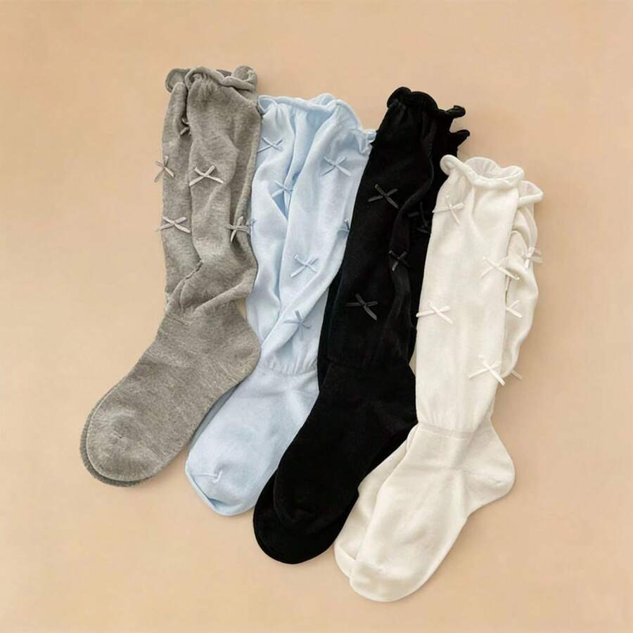 4 pares de calcetines versátiles y delgados con lazo estilo lolita, calcetines de tobillo de unicolor para mujeres, estilo de bailarina, adecuados para primavera y verano - Multicolor - Ver 1
