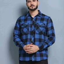 Men's Plus Size Long Sleeve Plaid Flannel Shirt - 藍色 - 查看 1