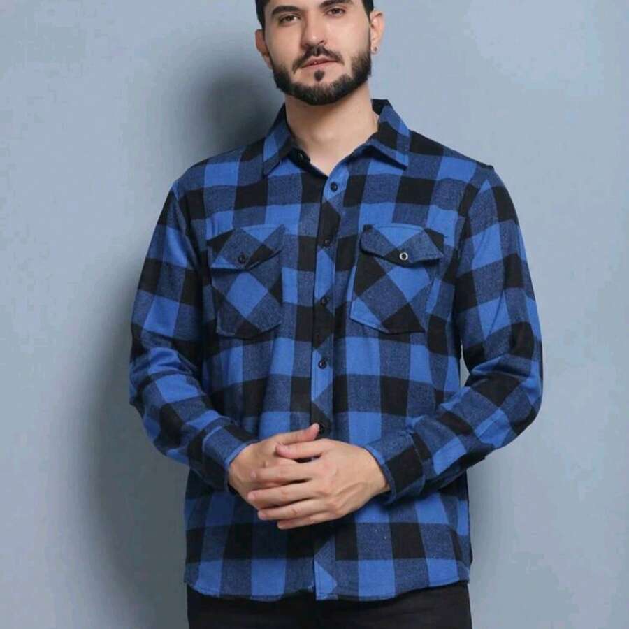 Men's Plus Size Long Sleeve Plaid Flannel Shirt - 藍色 - 查看 1