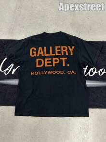 Gallery "Cream Orange" Shirt, Cotton Printed T-Shirt,Men's Graphic Stylish Design T-Shirt,Vintage Casual Hip-Hop Style For Outdoor Leisure Activities - 黑色 - 查看 1