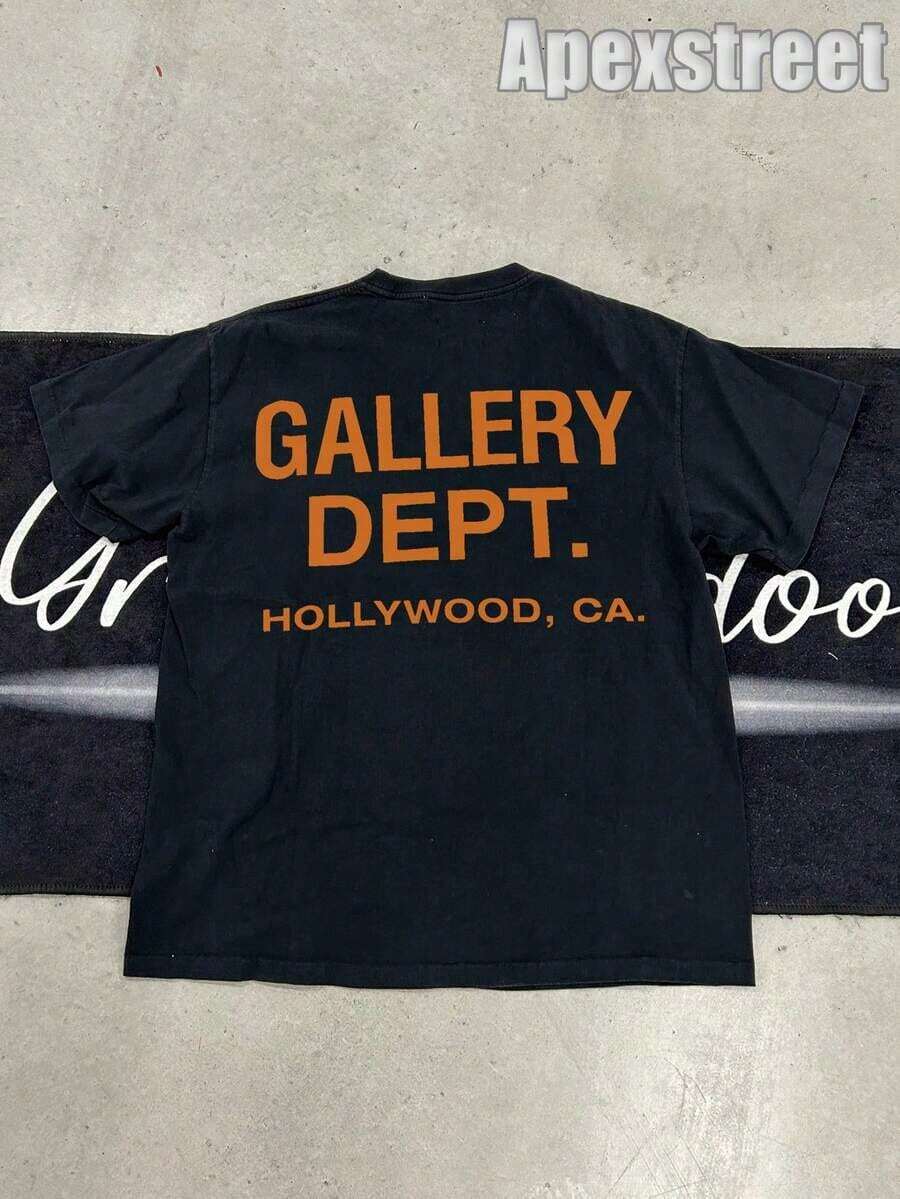 Gallery "Cream Orange" Shirt, Cotton Printed T-Shirt,Men's Graphic Stylish Design T-Shirt,Vintage Casual Hip-Hop Style For Outdoor Leisure Activities - 黑色 - 查看 1