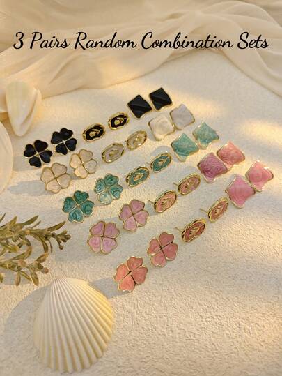 3对随机款式女士耳环，百搭粉色、白色、酒红色、黑色珐琅耳环，不锈钢材质，方形、三叶草、椭圆形叶子造型，复古风格，适合泳装、海滩度假、婚礼等场合佩戴，防水防褪色。