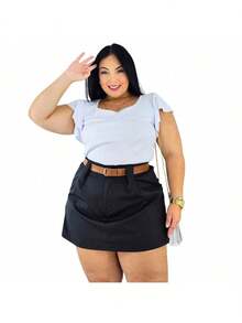 Short Skirt Plus Size Tailored With Belt Various Colors Summer - KIT 4 BLACK/WHITE/RED/BEIGE - View 4