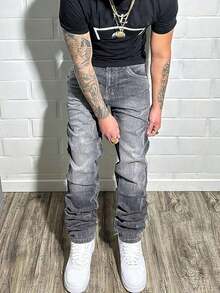 Stretch Denim Jeans, Men's Straight Fit Daily Slim Fit Jeans, Cotton Fabric Slant Pockets, Versatile - Xám - Xem 13