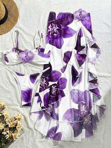 3pcs Women's Floral Print Elegant Sexy Backless 3D Flower Beach Dress Bikini Set, Spring/Summer Vacation - 白色 - 查看 2