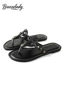 Breezelady Women's Black Faux Leather Geometric Cutout Thong Sandals – Crafted With Smooth Faux Leather And A Bold Geometric Cutout Design, These Flat Thong Sandals Feature Metallic Rivet Accents For A Polished Look. The Cushioned Footbed Ensures All-Day Comfort, While The Open-Toe Design Keeps Feet Cool. Ideal For Beach Trips, Casual Errands, Or Summer Outings, They Pair Effortlessly With Jeans, Shorts, Or Flowy Dresses For A Sleek, Edgy Vibe. - màu đen - Xem 12