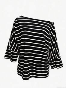 Women's Striped Asymmetrical Shoulder Batwing Sleeve Loose Casual T-Shirt, Summer Black Spring - Black - View 3