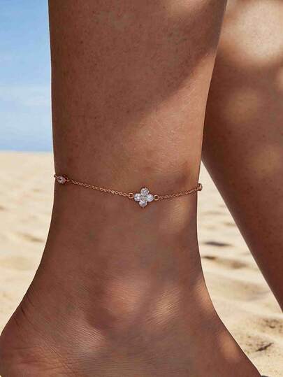 1条精致链条纹理四叶花微锆石可调节脚链，清新度假风沙滩配饰，女士