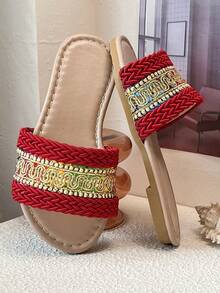A Pair Of Girls' Summer Slippers In China Red With Woven Straps, 2026 New Red And Gold Color-Block Woven Casual Open-Toe Flat Slippers, Suitable For Both Home And Outdoor Wear For Children. - Red - View 8