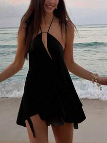 Women's Vacation Beach Sexy Solid Color Backless Halter Mini Dress - Black - View 5