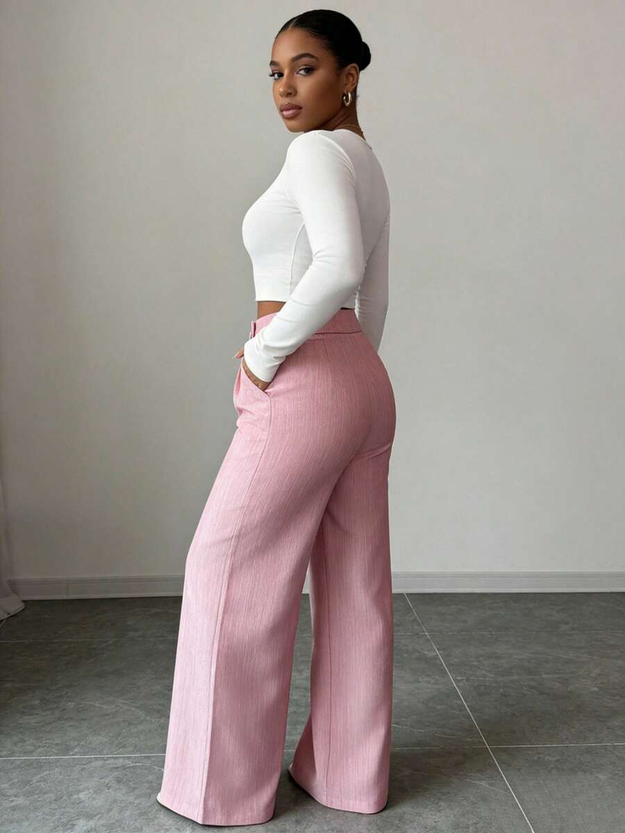 Women Pink Bamboo Fabric Waist Front Overlay Buckle Elegant Teacher Uniform Professional Casual Loose Flowy Straight Leg Pants Thanksgiving Halloween Essential - 粉色 - 查看 1