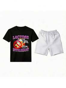Conjunto para hombre estilo streetwear casual con estampado gráfico divertido de letras y caricatura algodón cómodo ajuste holgado cuello redondo manga corta primavera verano uso diario set de playera y shorts - Negro 1 - Ver 1